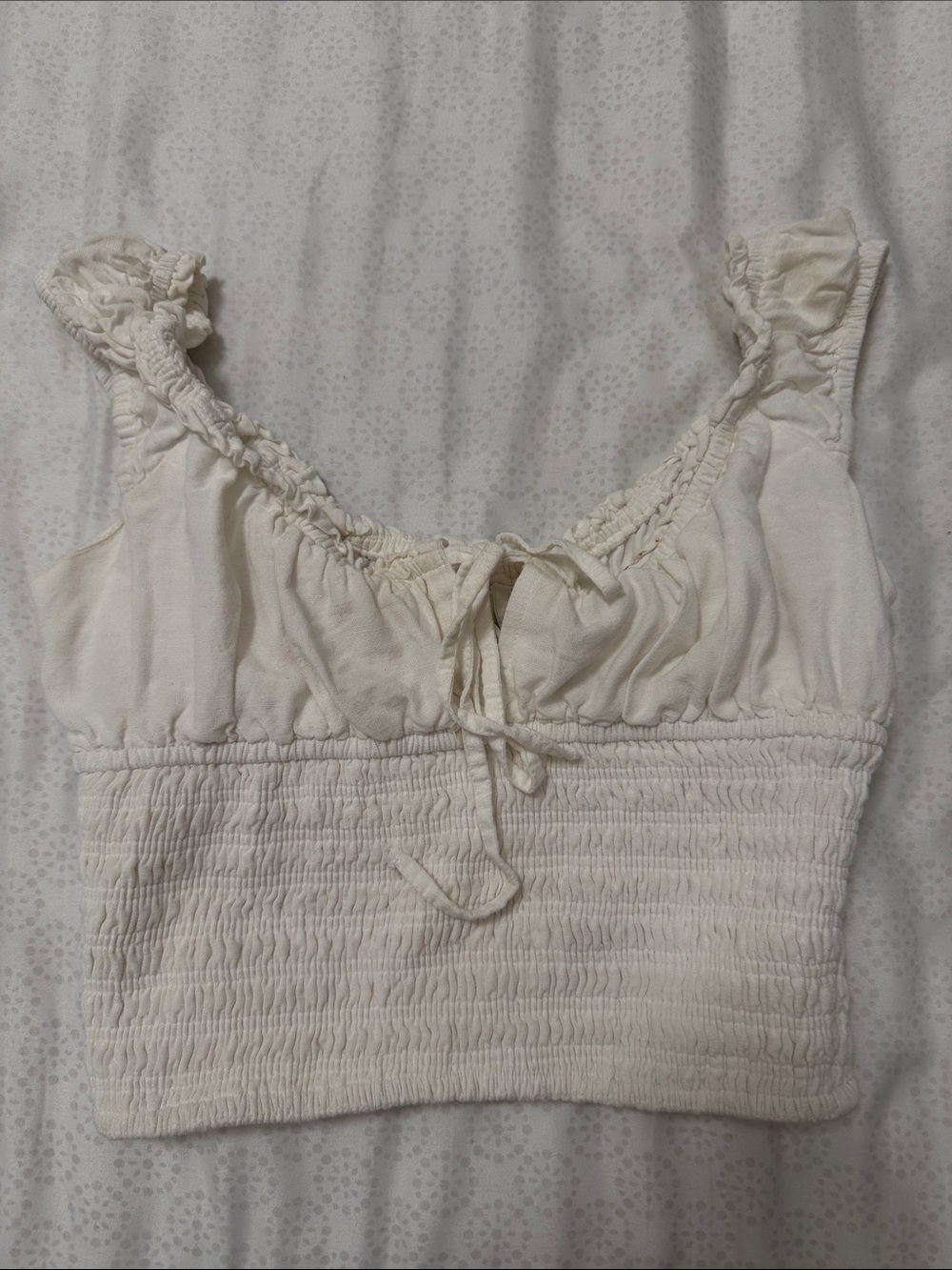 Cream Smocked Ruched Cotton Crop Top